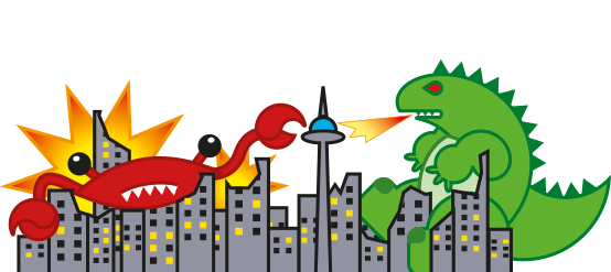 Godzilla vs Cangrejo abisal Gigante. Ilustración Raúl Moreira. Ilustrador vectorial freelance en Madrid. Ilustrador autónomo para agencias, estudios y editoriales.