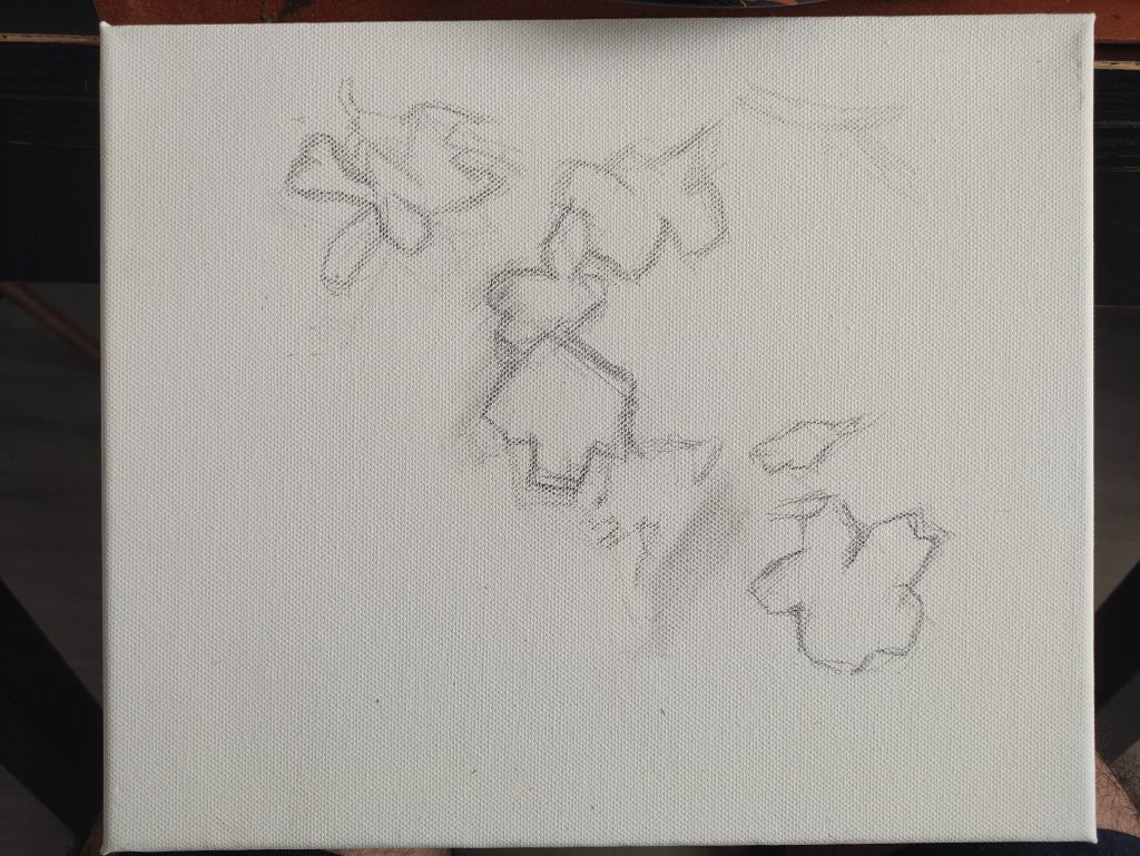 Proceso de pintura al óleo. Encaje con un lápiz 4B. No es necesario mucho detalle.