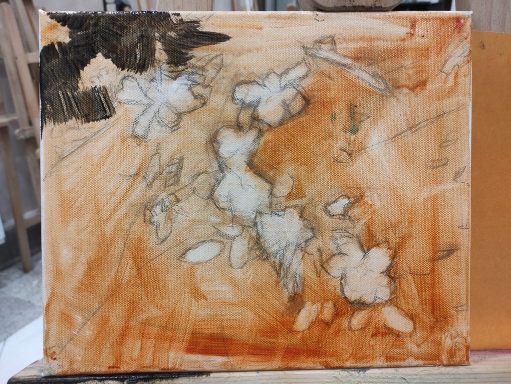 Proceso de pintura al óleo. Color base muy diluido con esencia de trementina, esta capa ayudará una vez seca a que el pincel se deslice mejor en las siguientes capas.