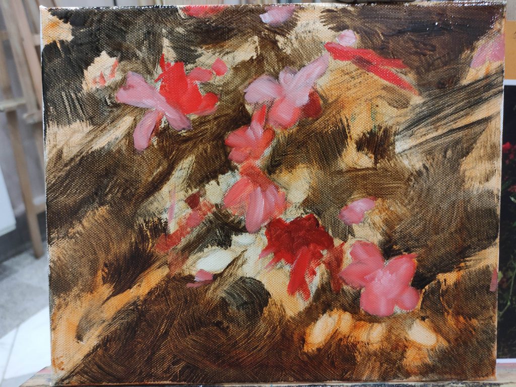 Proceso de pintura al óleo. Primera capa de color, sombras ligeras y claros empastados.