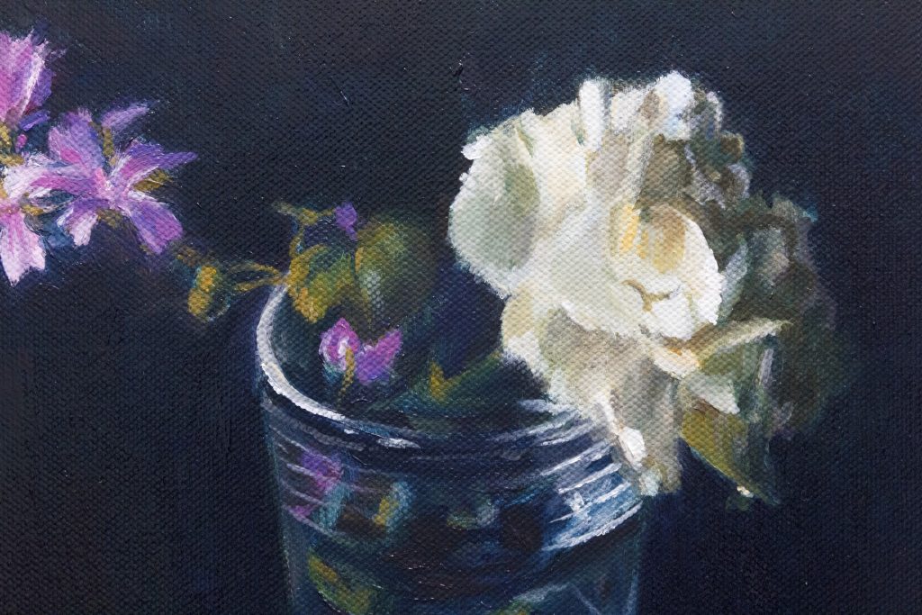 Bodegón con flores al óleo pintado por Raúl Moreira. Detalle.