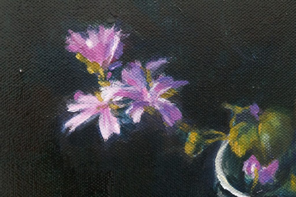 Bodegón con flores al óleo pintado por Raúl Moreira. Detalle.